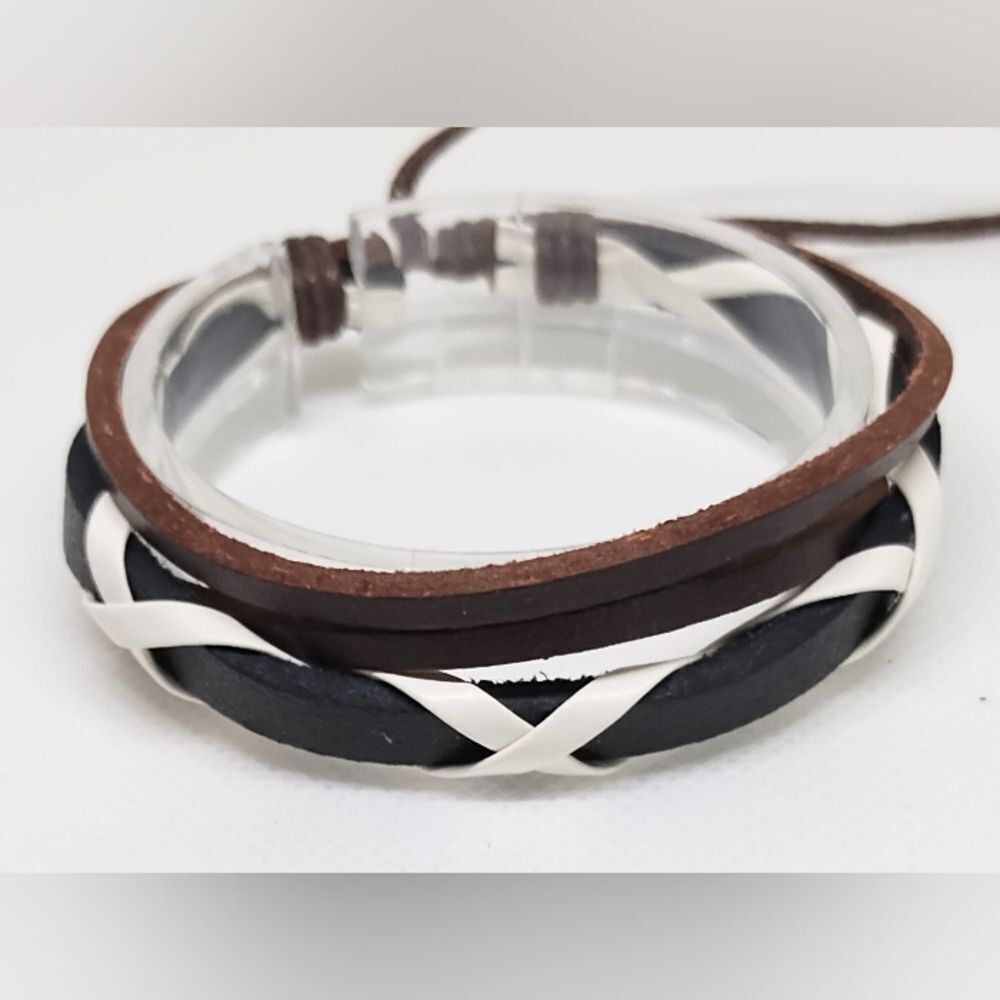 Men's bracelet leather braided layered brown new e86